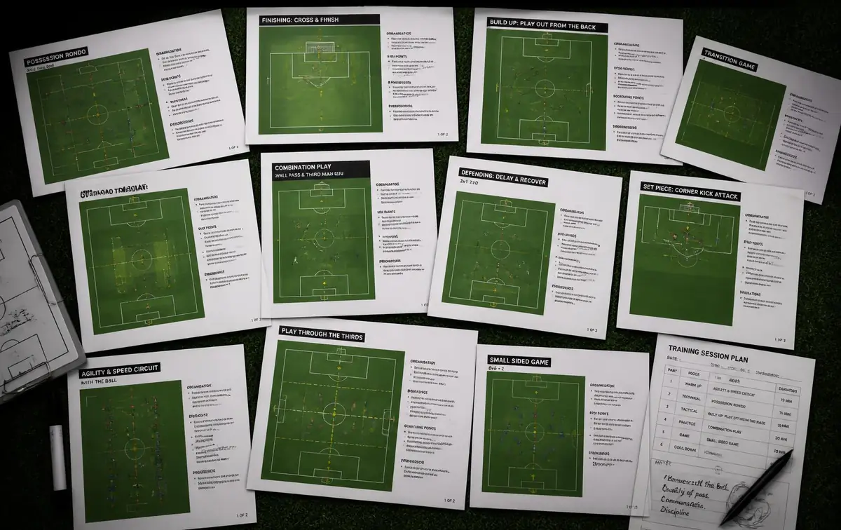 Colección de 500 fichas de entrenamiento de fútbol con diagramas tácticos